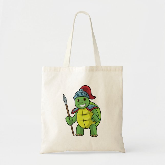 Turtle as Warrior with Spear & Helmet Tote Bag (Front)