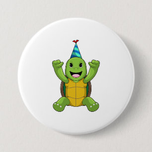 Turtle at Birthday with Party hat Button
