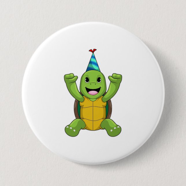 Turtle at Birthday with Party hat Button (Front)