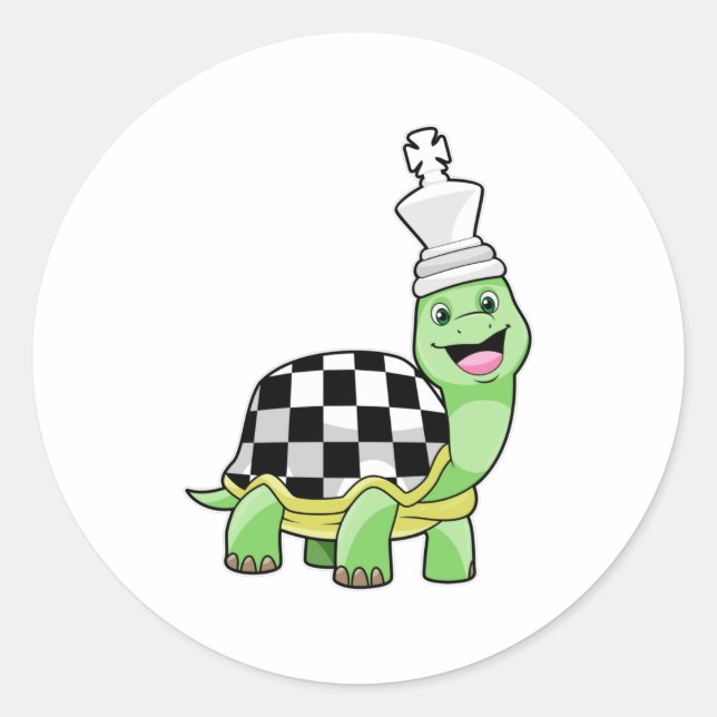 Turtle at Chess with Chess board & King Classic Round Sticker (Front)