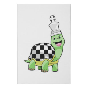 Turtle at Chess with Chess board & King Faux Canvas Print