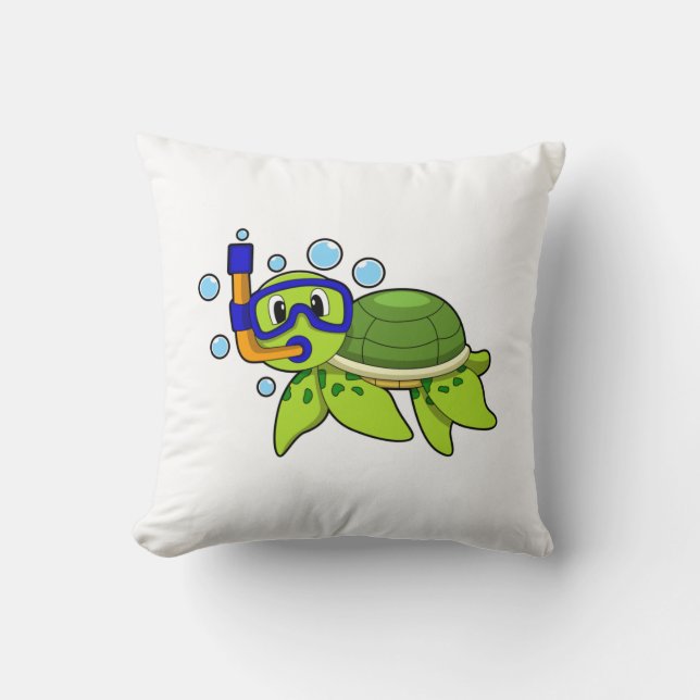 Turtle at Diving with Snorkel Throw Pillow (Front)
