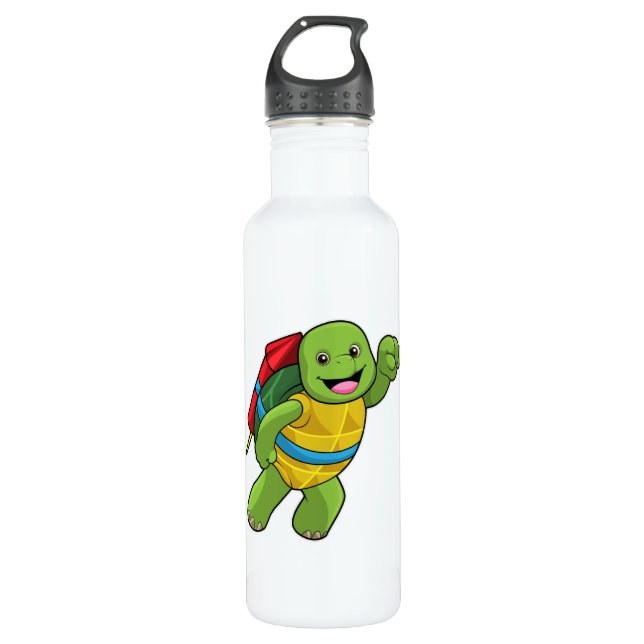 Turtle at Flying with Rocket Stainless Steel Water Bottle (Front)