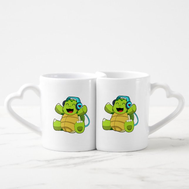 Turtle at Music with Headphone Coffee Mug Set (Front Nesting)