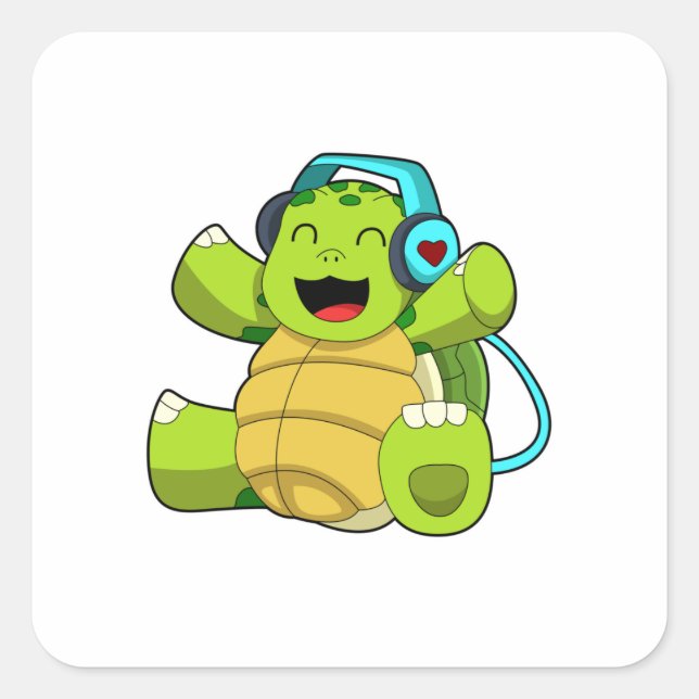 Turtle at Music with Headphone Square Sticker (Front)