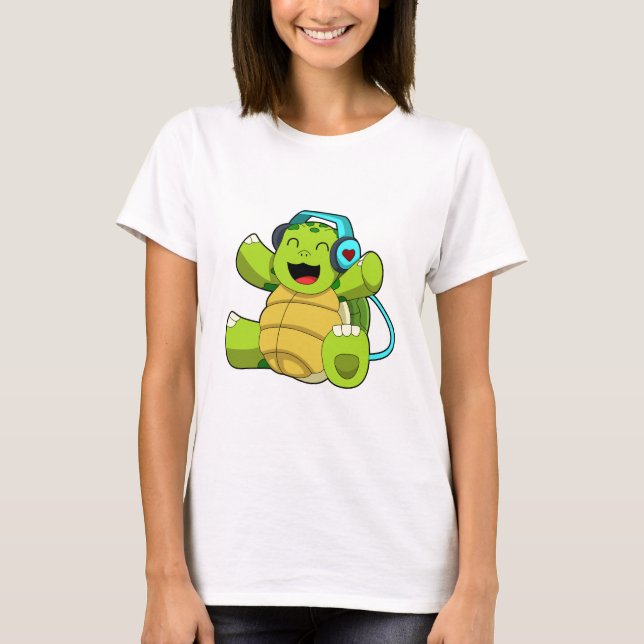 Turtle at Music with Headphone T-Shirt (Front)