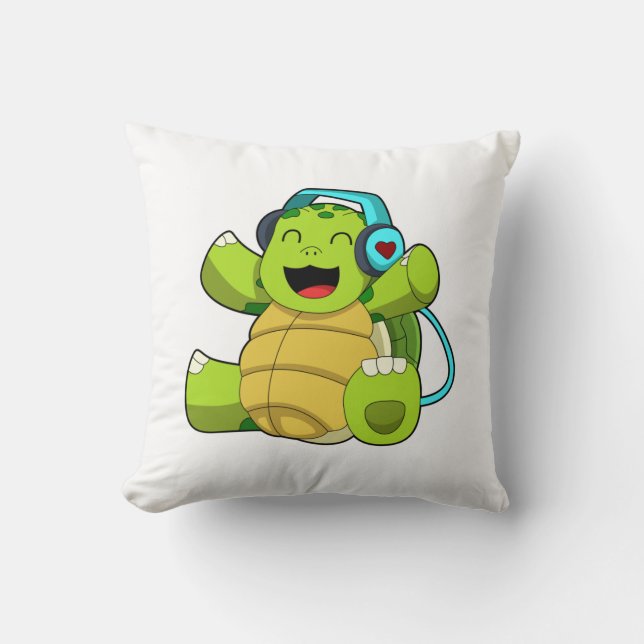 Turtle at Music with Headphone Throw Pillow (Front)