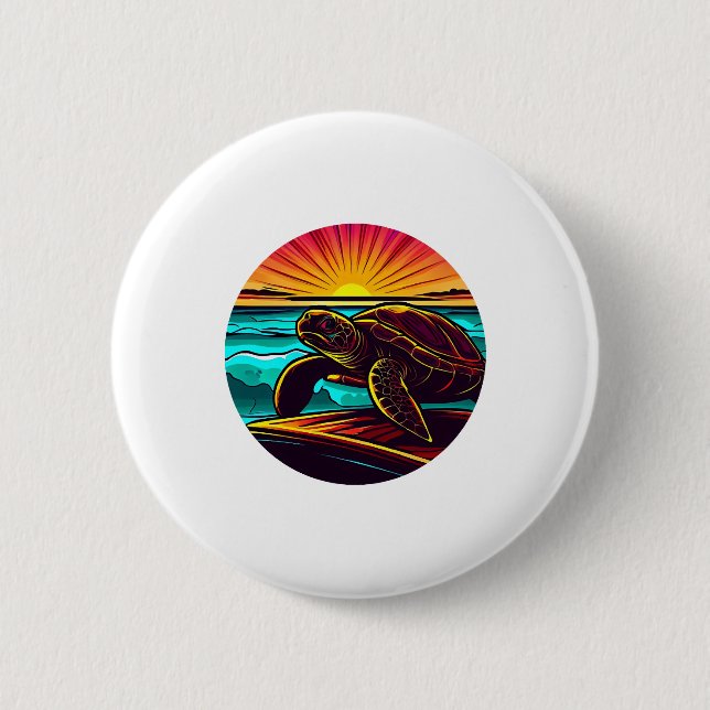 Turtle at Sunset, Inspiring Nature Design Button (Front)