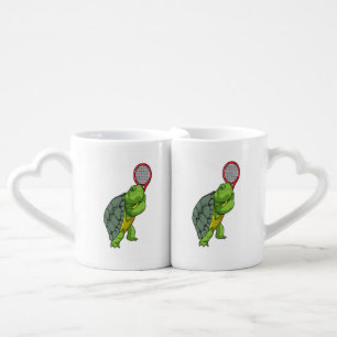 Turtle at Tennis with Tennis racket Coffee Mug Set
