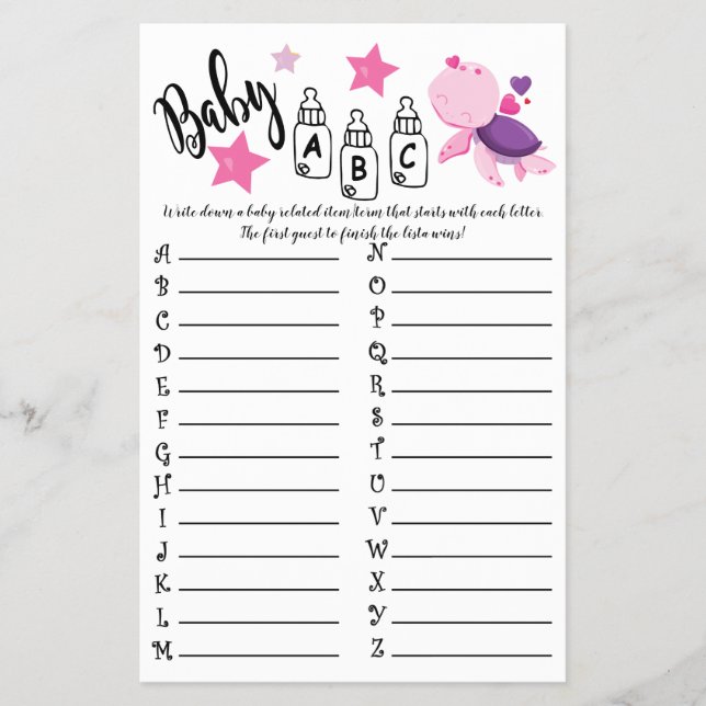 TURTLE BABY ABC BABY SHOWER GAME CARD FLYER (Front)