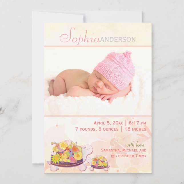 Turtle Baby Girl Photo Birth Announcement (Front)