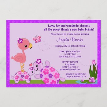 Turtle Baby Shower Invitation Pond Flamingo Purple by MonkeyHutDesigns at Zazzle