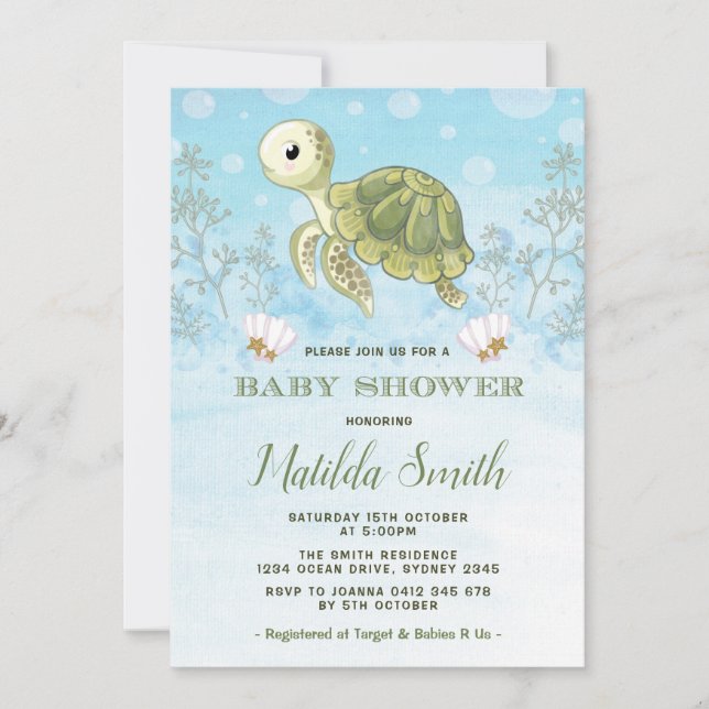 Turtle Baby Shower Invitation Under The Sea Ocean (Front)