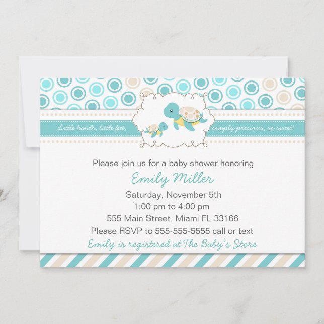Turtle Baby Shower Invitation Unisex Teal (Front)