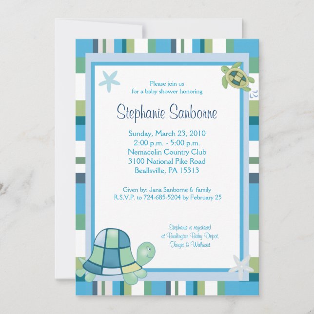 Turtle Bay Blue Stripe Boy/Girl Baby Shower 5x7 Invitation (Front)