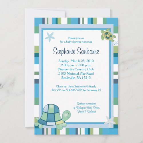 Turtle Bay Blue Stripe Boy/Girl Baby Shower 5x7 Announcement