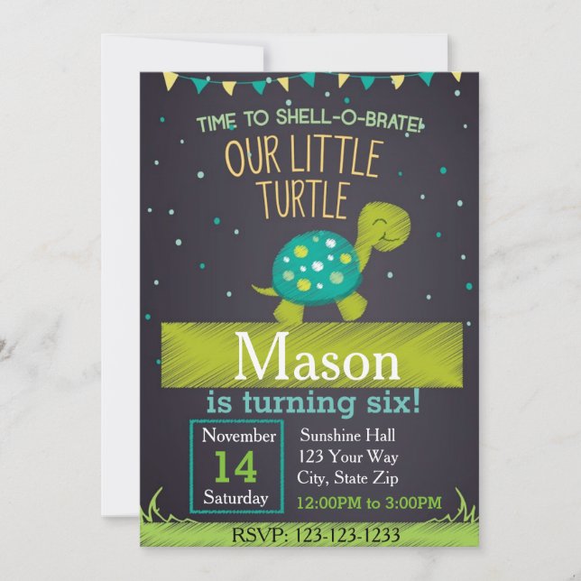 Turtle Birthday Invitation (green) (Front)