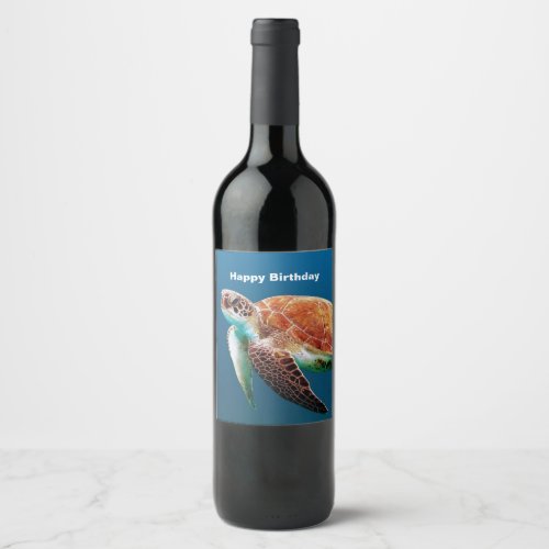 Turtle Blue Water Sea Photo Birthday Wine Label