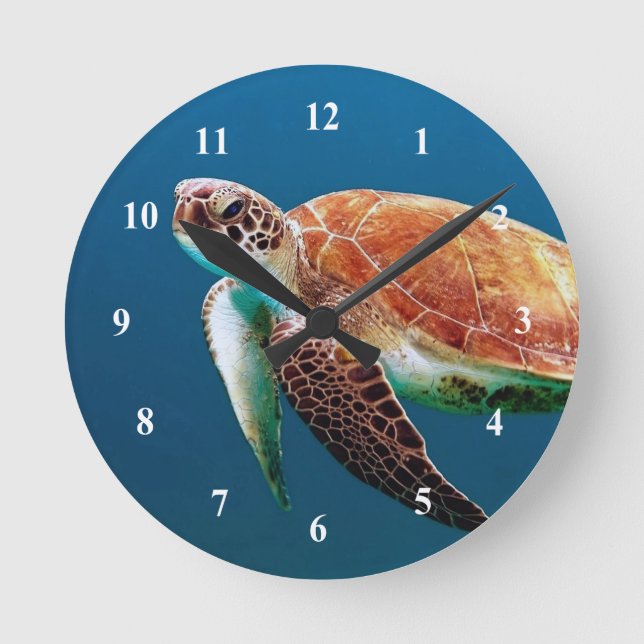 Turtle Blue Water Sea Photo Round Clock (Front)