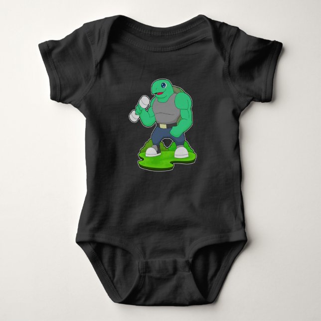 Turtle Bodybuilder Dumbbell Bodybuilding Baby Bodysuit (Front)