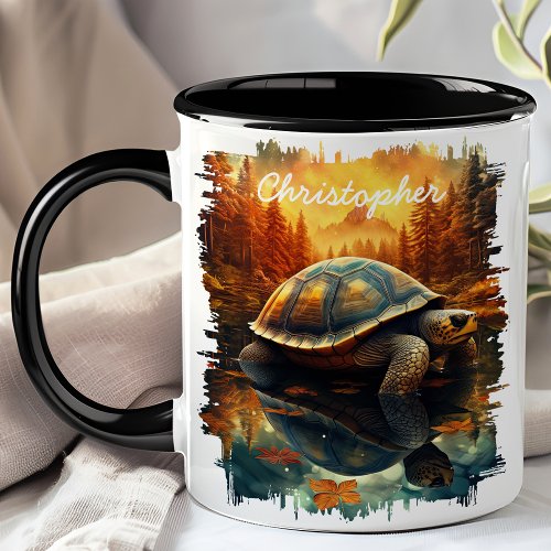 Turtle By Autumn Forest Lake Reflection Mug