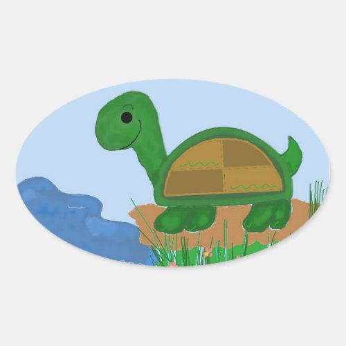 Turtle by the Pond Oval Sticker