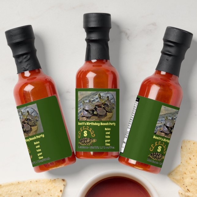 Turtle Cartoon Birthday Beach Party Photo Hot Sauces (Laydown)