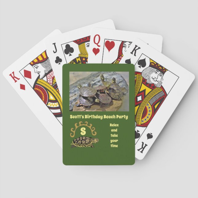 Turtle Cartoon Birthday Beach Party Photo Poker Cards (Back)