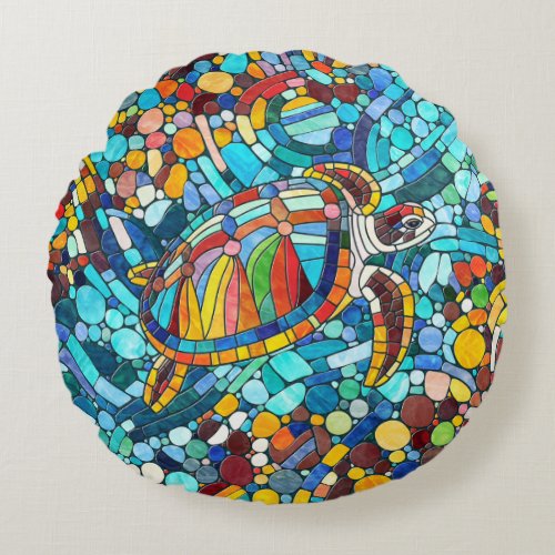 Turtle Colorful  mosaic art Round Pillow