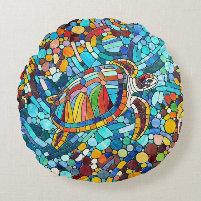 Turtle Colorful  mosaic art Round Pillow (Front)