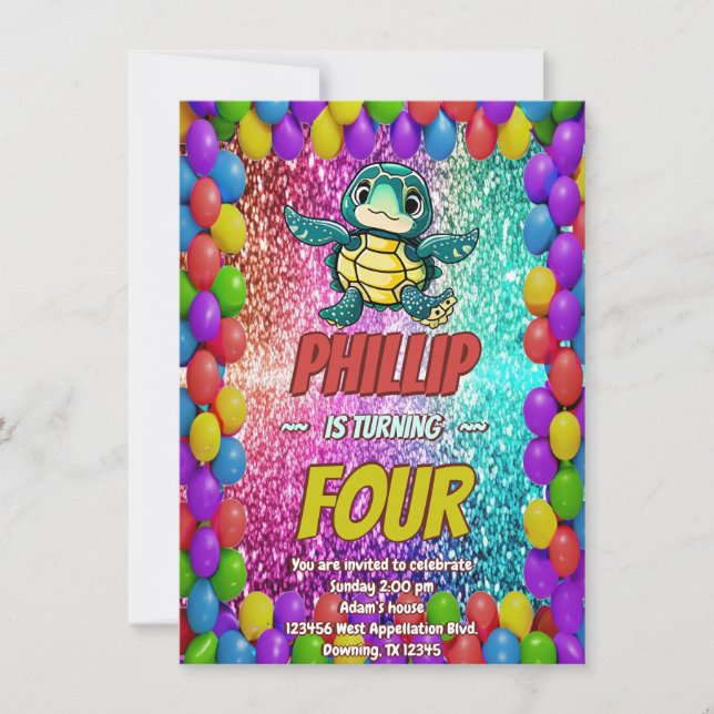 Turtle custom character birthday invite (Front)