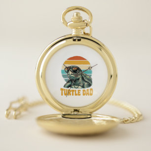 Turtle Dad Retro Sunset Vintage Engraving Vector D Pocket Watch