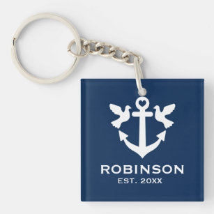Turtle doves and nautical anchor custom name keychain