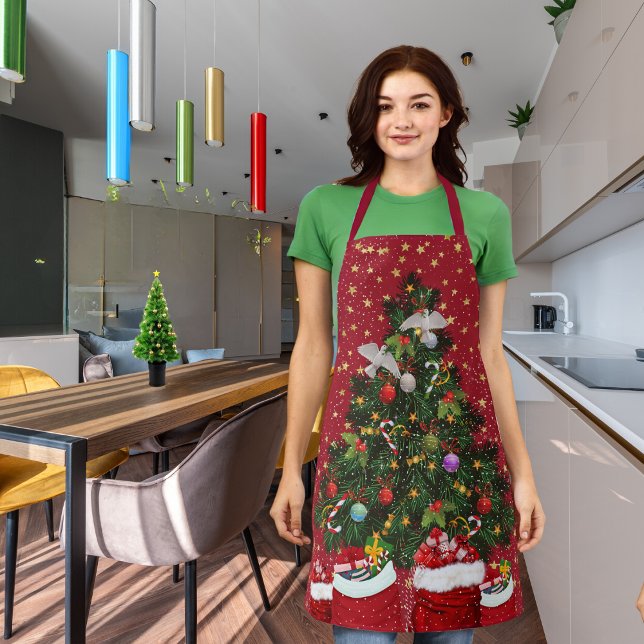 Turtle doves in Christmas background red Apron (Creator Uploaded)