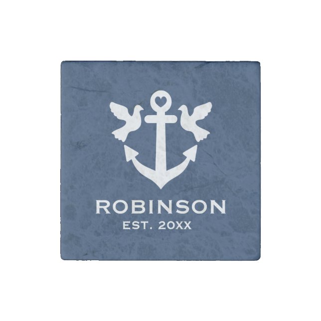 Turtle doves nautical anchor custom navy blue stone magnet (Front)