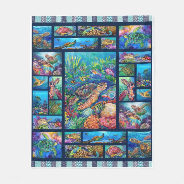 Turtle Drawing Colorful Swimming Under The Ocean Fleece Blanket (Front)