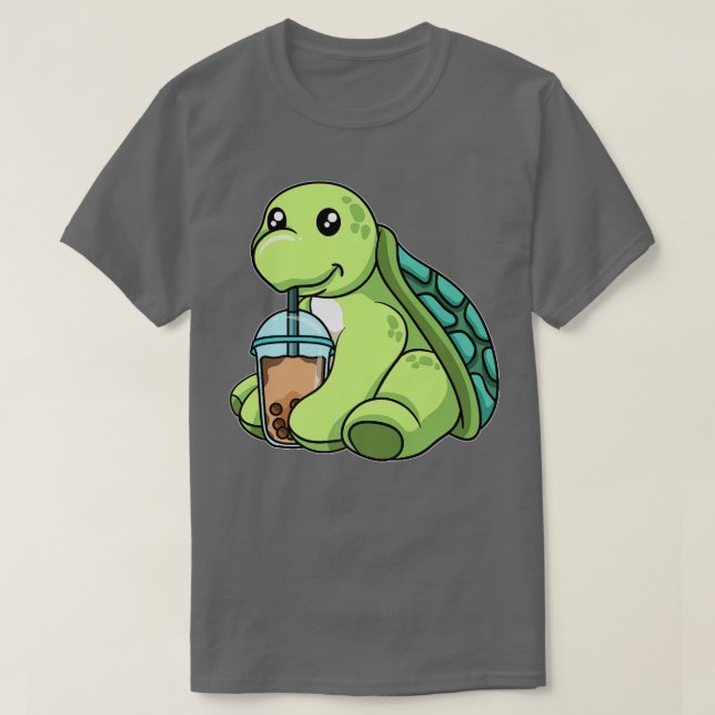 Turtle Drinking Bubble Tea Cute Animals With Boba  T-Shirt (Design Front)