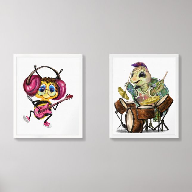 Turtle Drummer Guitar Player Bee Wall Art Set (Front)