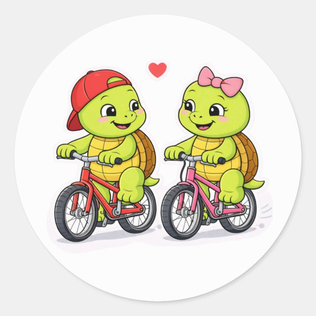 Turtle duo on colourful bicycles classic round sticker (Front)