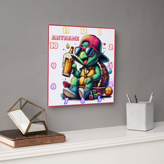 Turtle enjoying a drink at a summer party square wall clock (Office)