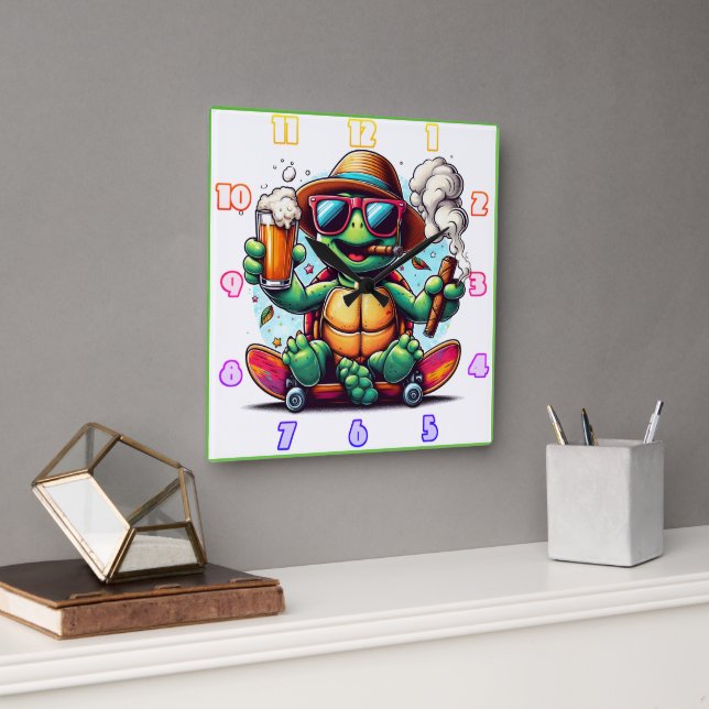 Turtle enjoying drinks and cigars! square wall clock (Office)