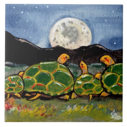 Turtle Family and Moon Night Scene 6 Tile Trivet