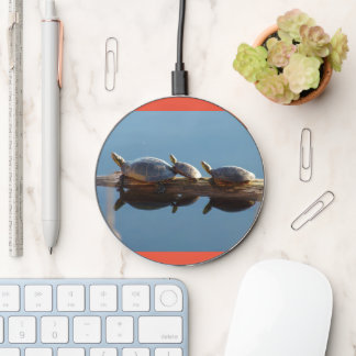 Turtle Family Sunning on Log Wireless Charger
