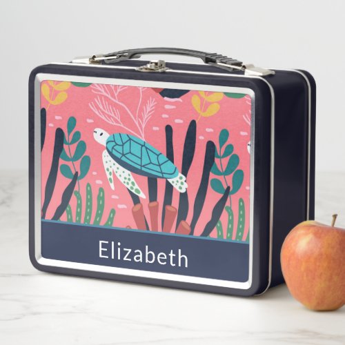Turtle Ferns Ocean Sea Pink Child Kids Personalize Metal Lunch Box