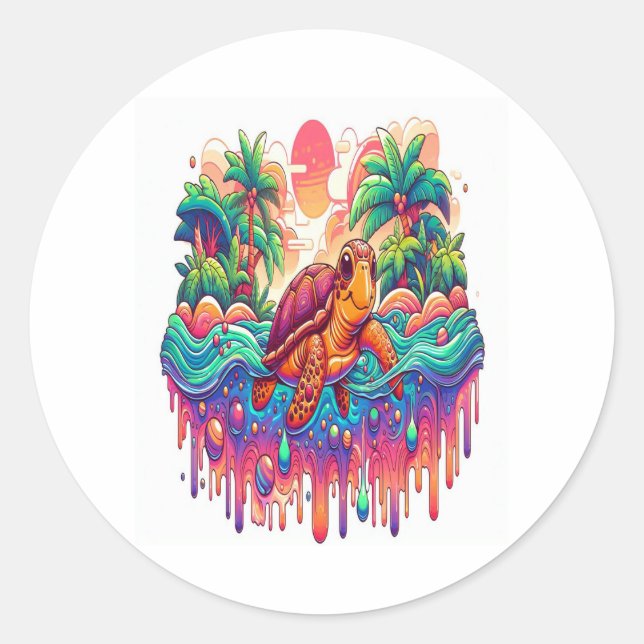 Turtle Floats in Liquid Garden. Classic Round Sticker (Front)