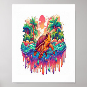 Turtle Floats in Liquid Garden. Poster