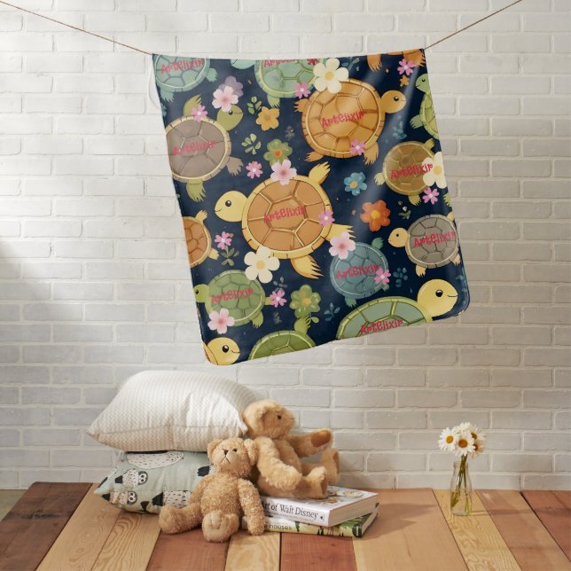 Turtle Floral Print Baby Blanket (In Situ)
