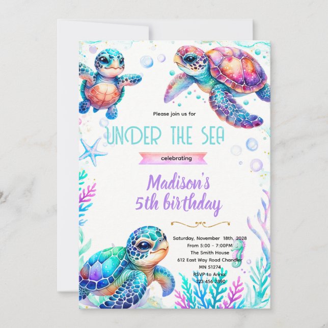 Turtle girl party theme invitation (Front)