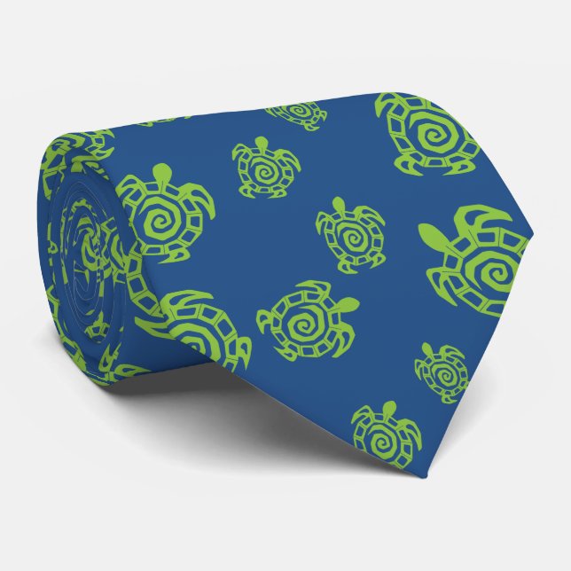 Turtle Green and Blue Print Tie (Rolled)