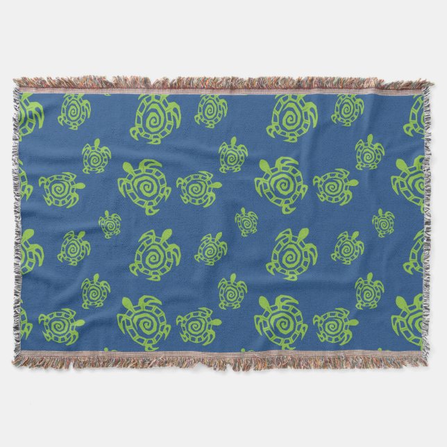 Turtle Green on Blue Throw Blanket (Front)